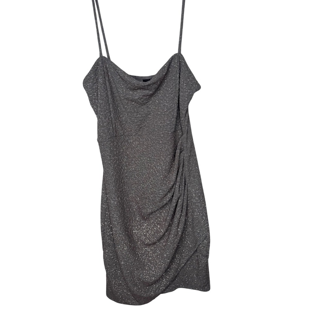 Windsor Silver Metallic Shimmer Cowl Neck Ruched Mini Dress Large GD14399B